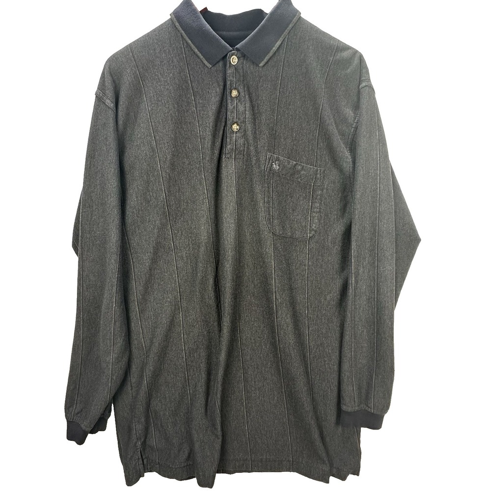 Knights Sportswear Polo Shirt Mens Large Gray Striped Long Sleeve Pocket Logo
